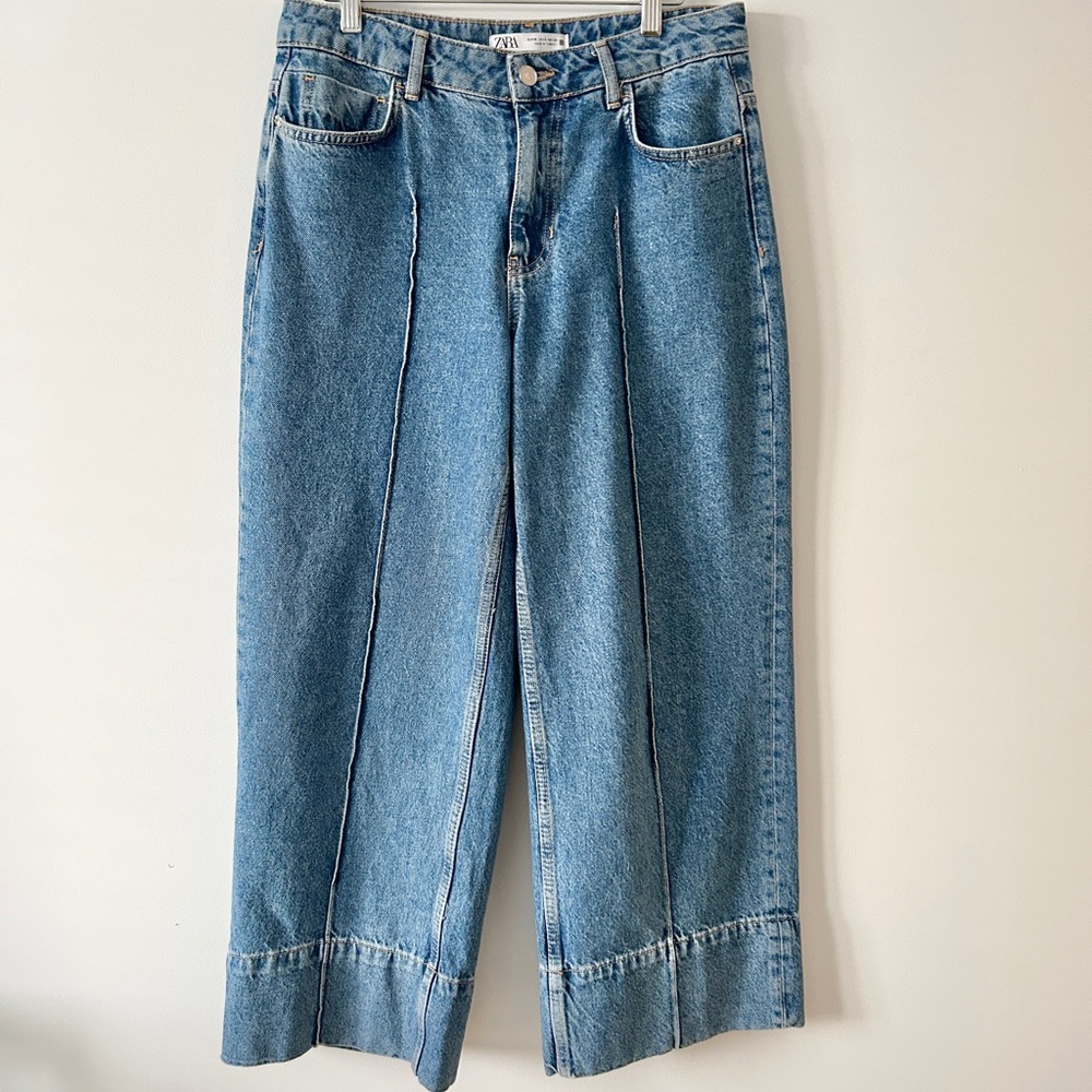 Zara Wide Leg Cropped Blue Denim Jeans - Picture 2 of 5